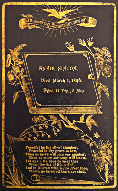 Memorial Card for Annie Sinton 1884-1896