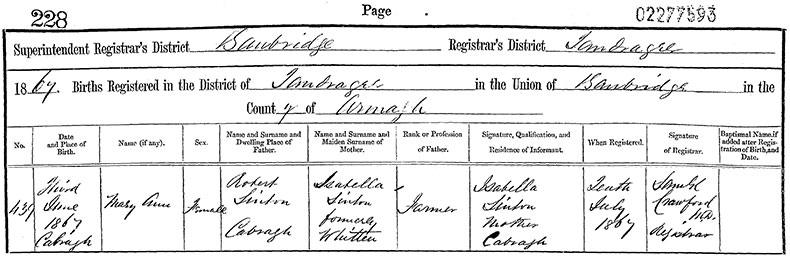 Birth Certificate of Mary Anne Sinton - 3 June 1867