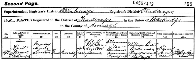 Death Certificate of Mary Anne Sinton (née Sinton) - 1 June 1911