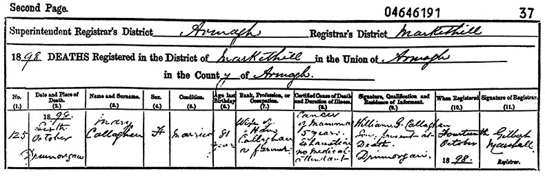 Death Certificate of Mary Callaghan (née Jackson) - 6 October 1898