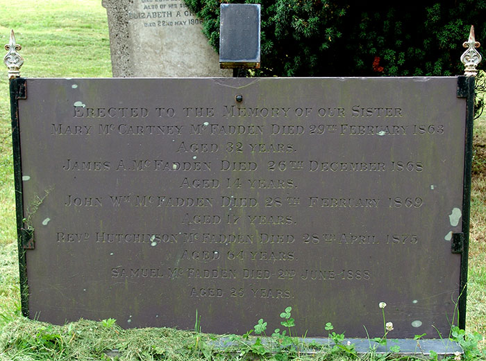 Headstone of Rev. Hutchinson McFadden 1811 - 1875