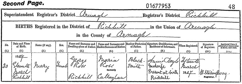 Birth Certificate of Mary Ross - 11 March 1907