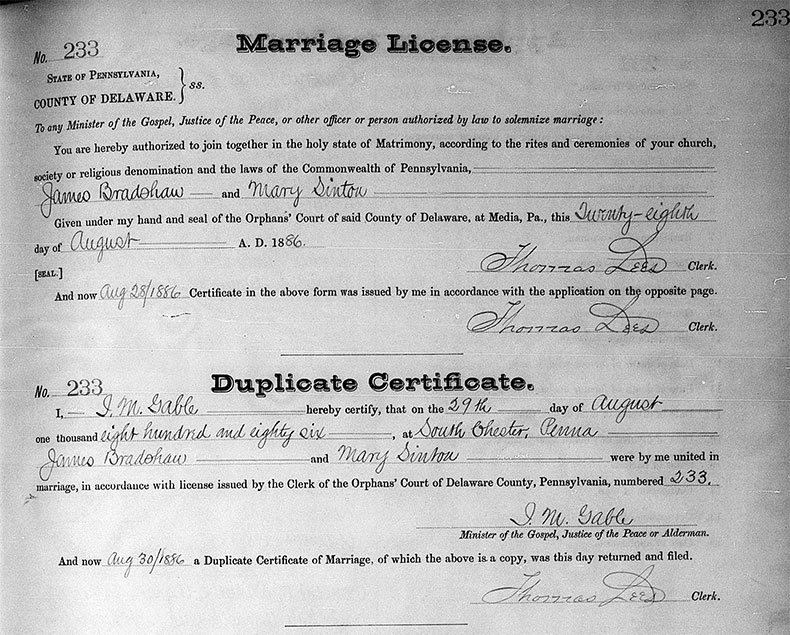Marriage Registration of James Bradshaw and Mary Sinton - 29 August 1886