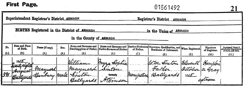 Birth Certificate of Maynard Bunbury Sinton - 28 August 1914