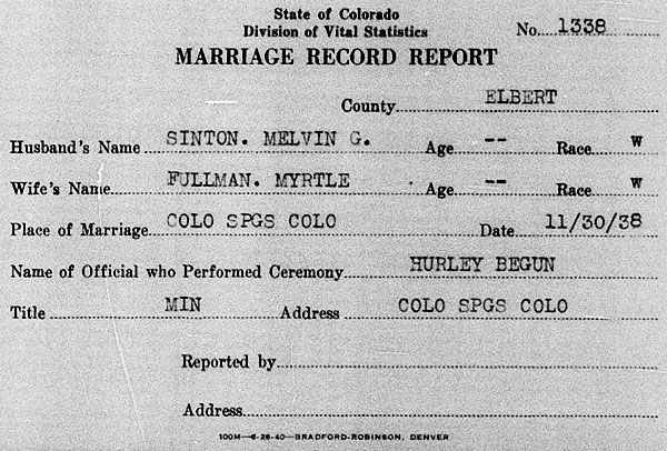 Marriage of Melvin Grant Sinton and Myrtle Fullman on 27 November 1938