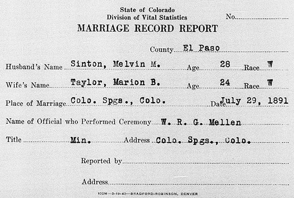 Marriage Record Report of Melvin McGregor Sinton and Marion Bartlett Taylor