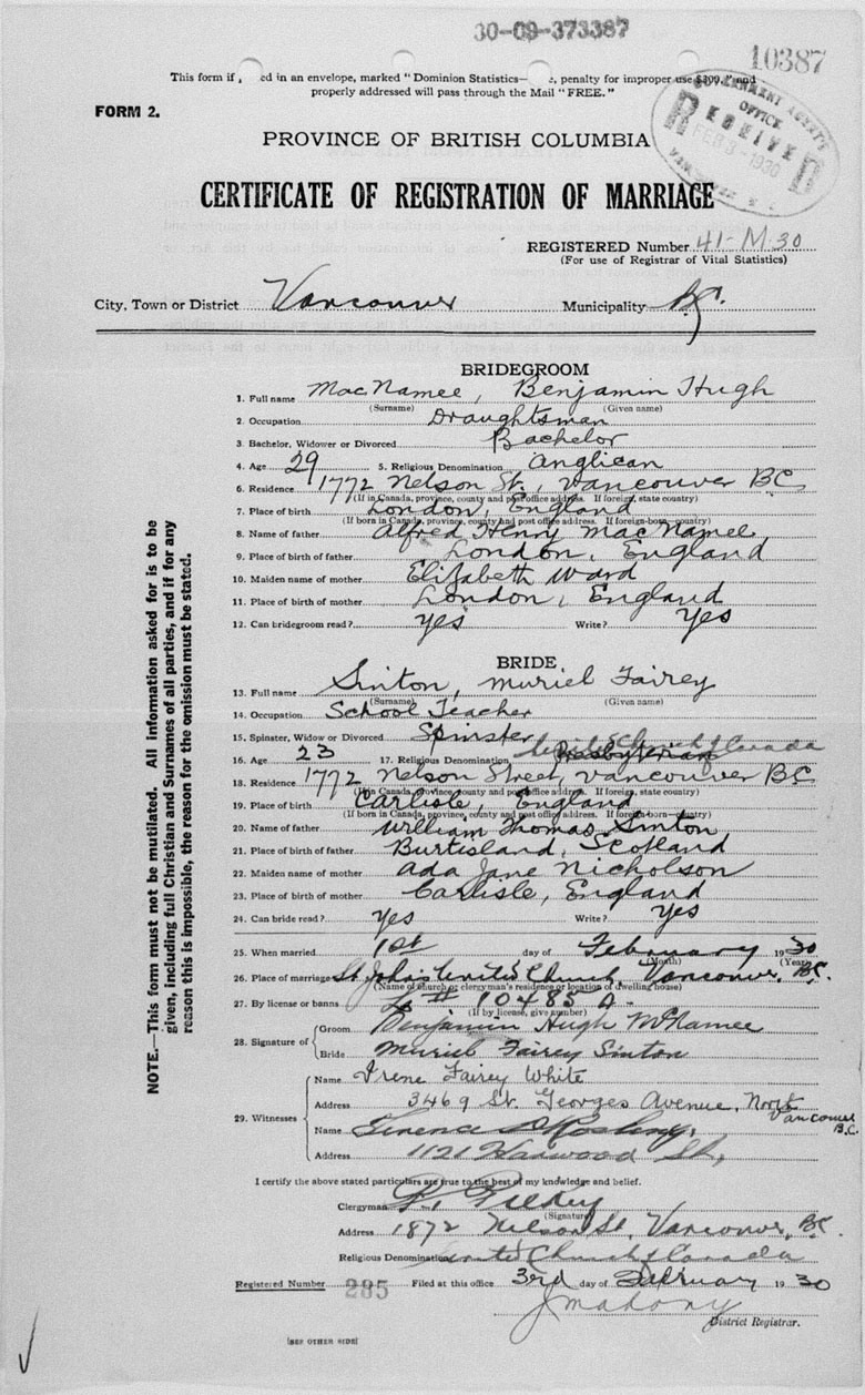 Marriage Certificate of Benjamin Hugh MacNamee and Muriel Fairey Sinton