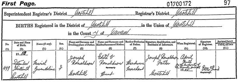 Birth Certificate of Muriel Gwendoline Ronaldson - 13 September 1905