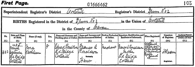 Birth Certificate of Nora Kathleen Ronaldson - 4 September 1905