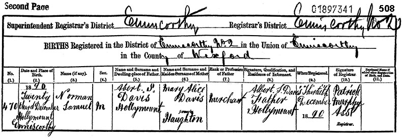 Birth Certificate of Norman Samuel Davis - 23 December 1890