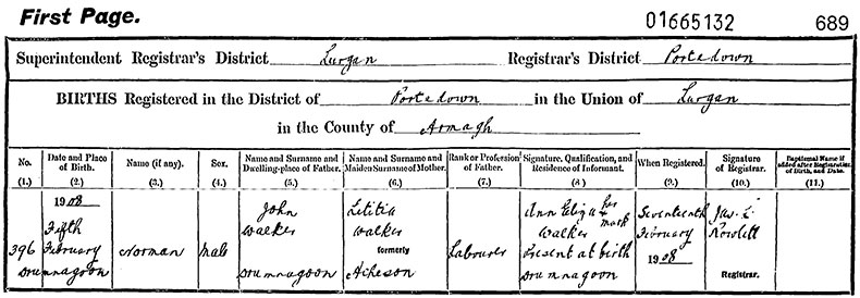 Birth Certificate of Norman Walker - 5 February 1908