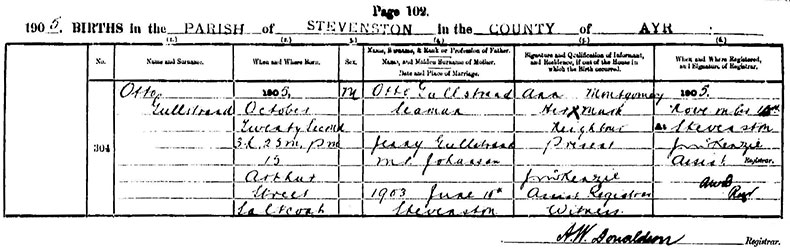 Birth Certificate of Otto Gullstrand - 22 October 1905