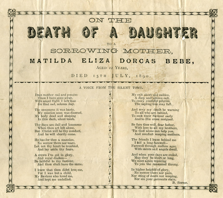 Poem written by Benjamin Sinton subsequent to the death of Matilda Eliza Dorcas Bebe at age 22