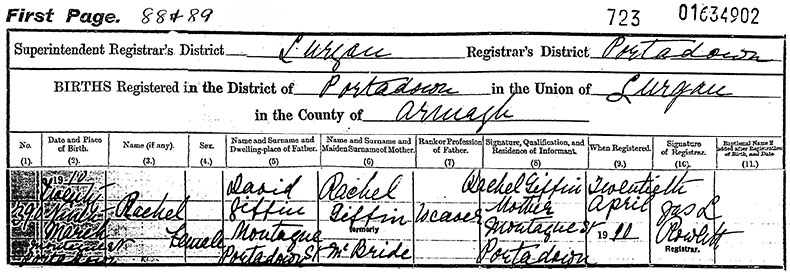 Birth Certificate of Rachel Giffin - 29 March 1910