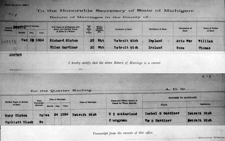 Marriage Record of Richard James Sinton and Ellen Gardiner - 24 December 1924