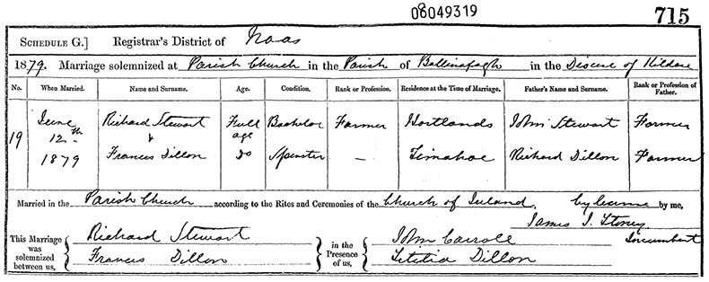 Marriage Certificate of Richard Stewart and Frances Stewart Dillon - 12 June 1879