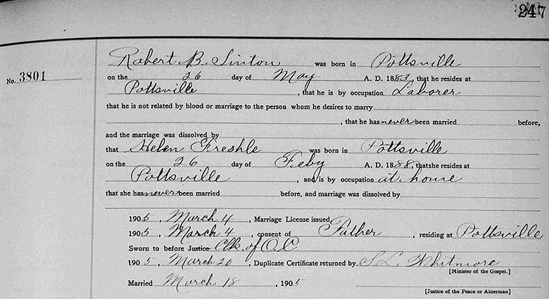 Marriage Certificate for Robert Bartholemew Sinton and Helen M. Froeschle