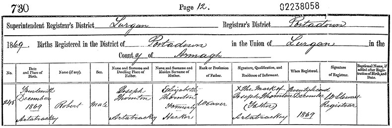 Birth Certificate of Robert Thornton - 14 December 1869