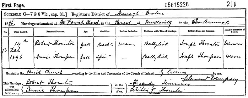 Marriage Certificate of Robert Thornton and Ann Thompson - 14 February 1896