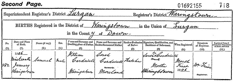 Birth Certificate of Samuel Cardwell - 19 January 1906