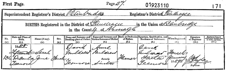 Birth Certificate of Sarah Jane Muldrew - 15 December 1888