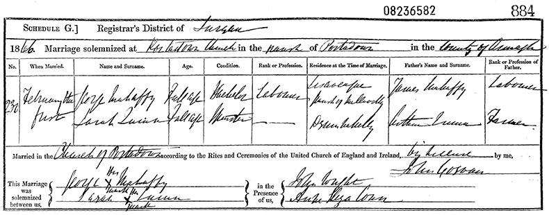 Marriage Certificate of George Mahaffy and Sarah Quinn - 1 February 1866