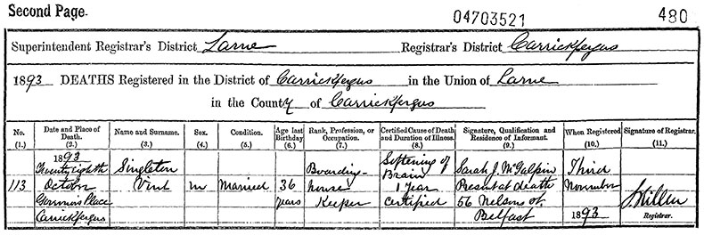 Death Certificate of Singleton Vint - 	28 October 1893