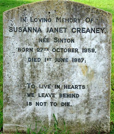 Headstone of Susanna Janet Creaney<br />(née Sinton) 1959 - 1987