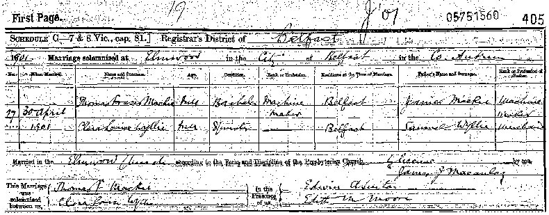 Marriage Certificate of Thomas Frazer Mackie and Clara Louise Wyllie - 30 April 1901