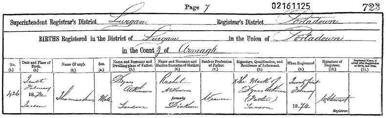 Birth Certificate of Thomas James Atkinson - 10 February 1874