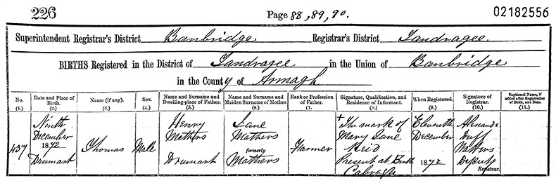 Birth Certificate of Thomas Mathers - 9 December 1872