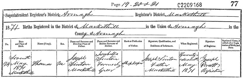 Birth Certificate of Thomas Sinton - 7 May 1871