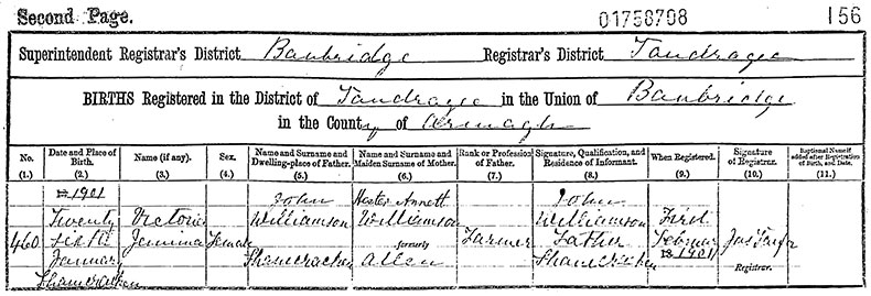 Birth Certificate of Victoria Jemima Williamson - 26 January 1901