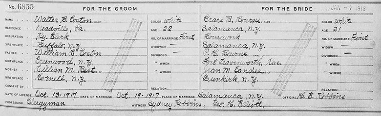 Marriage Certificate for Walter Best Coston and Grace Bell Bourne