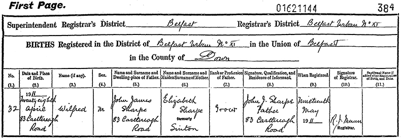 Birth Certificate of Wilfred Sharpe - 28 April 1911
