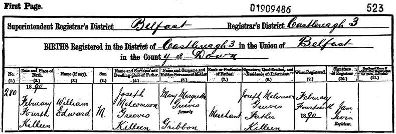 Birth Certificate of William Edward Greeves - 4 February 1890