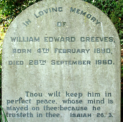 Headstone of William Edward Greeves 1890 - 1960