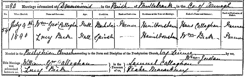 Marriage Certificate of William George Callaghan and Lucy Beck - 9 July 1890