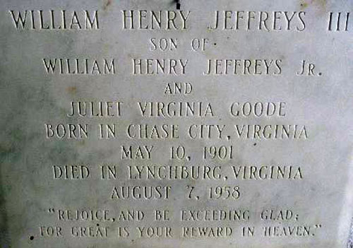 Headstone of William Henry Jeffreys III 1901 - 1958