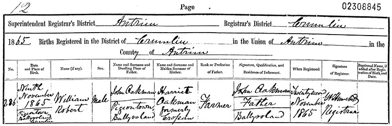 Birth Certificate of William Robert Oakman - 9 November 1865