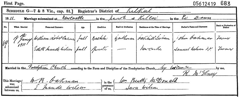 Marriage Certificate of William Robert Oakman and Edith Maude Wilson - 19 January 1911