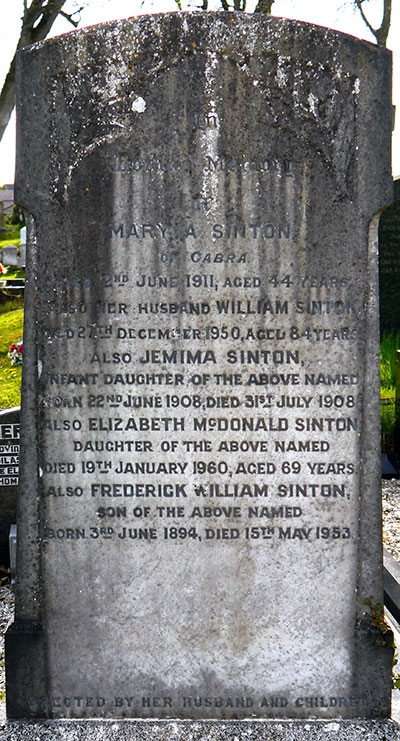 Headstone of Frederick William Sinton 1894 - 1953