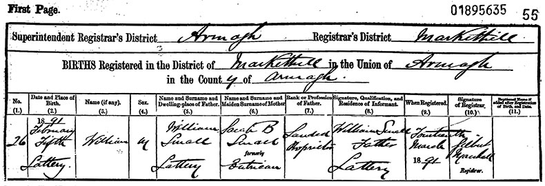 Birth Certificate of William Small - 5 February 1891