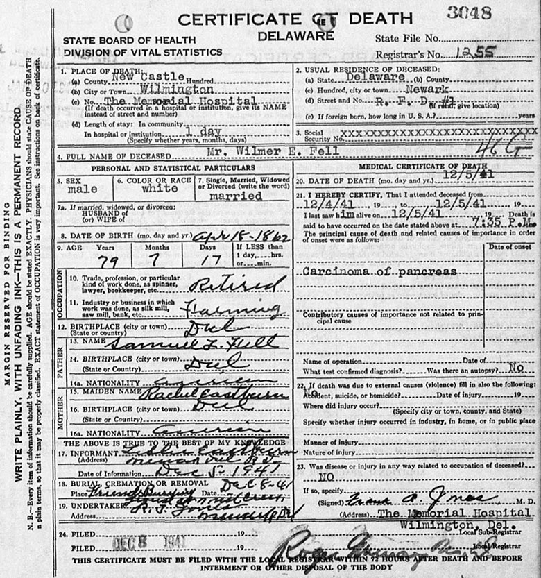 Death Certificate of Wilmer Eastburn Fell